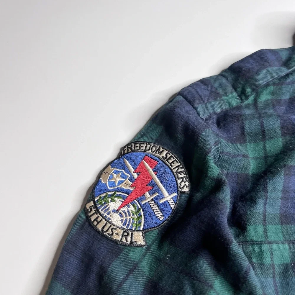 Polo Ralph Lauren Shirt Mens M Green Plaid Flannel Long Sleeve Military Patches
